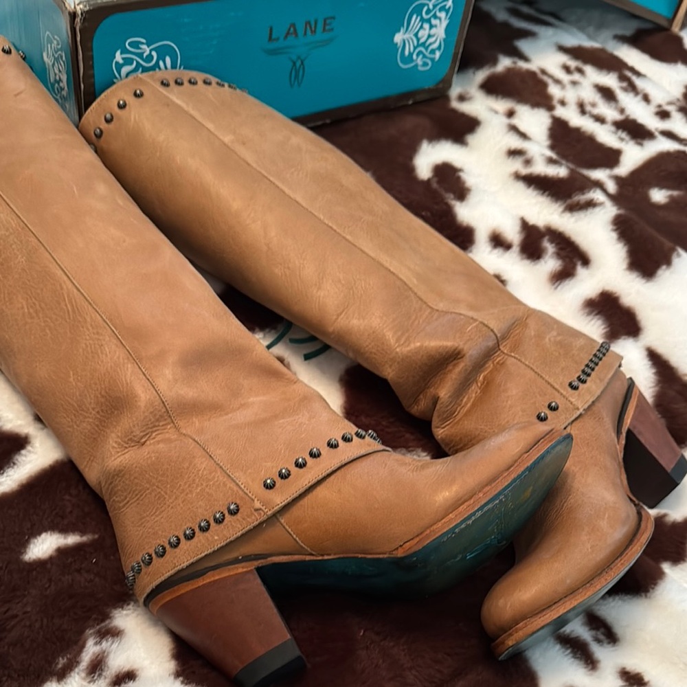 Lane Boots Women's Brown Leather Knee-High Heeled Boots with Teal Lace-Up Detail - Picture 4 of 7